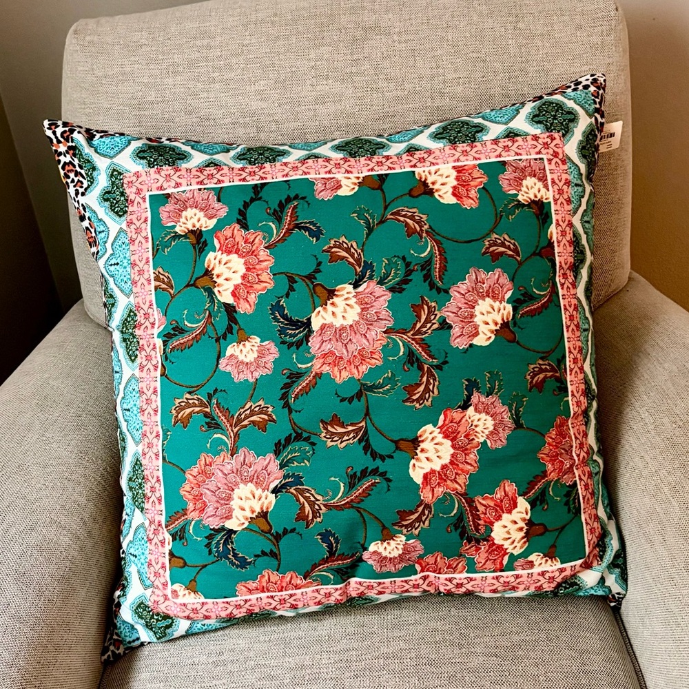 Anthropologie Teal Floral Border Accent Pillow PRICE FIRM